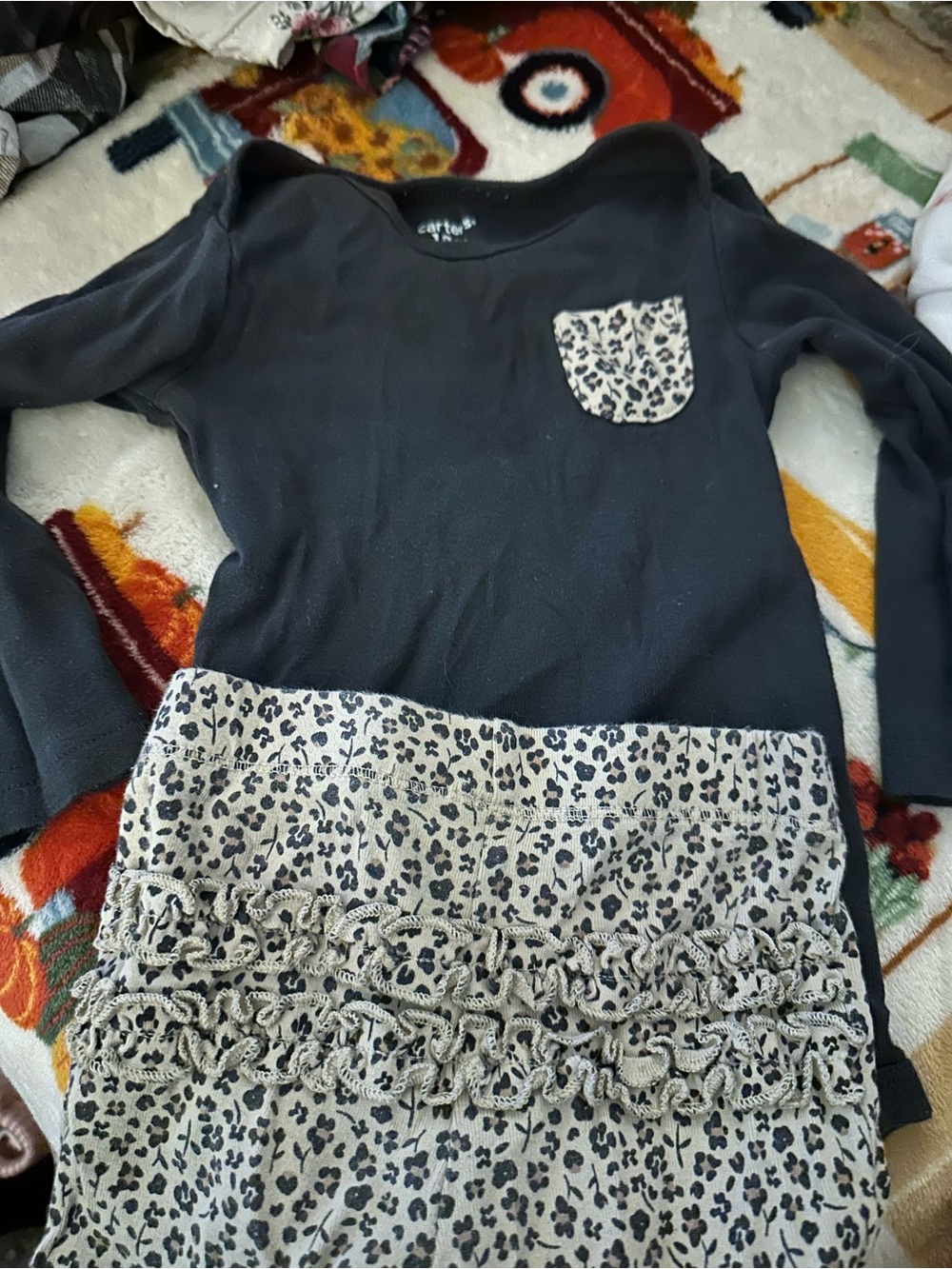 Carter's Black Long-Sleeve Top with Tan Leopard Pocket and Tan Leopard pants